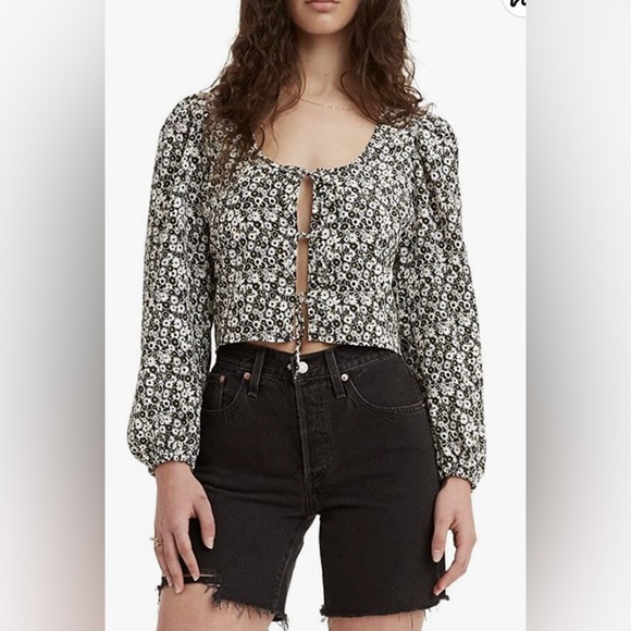 NEW Levi's Embry Tie Front Blouse L Puff Balloon Sleeve Cropped Crop Top Floral - Picture 1 of 7